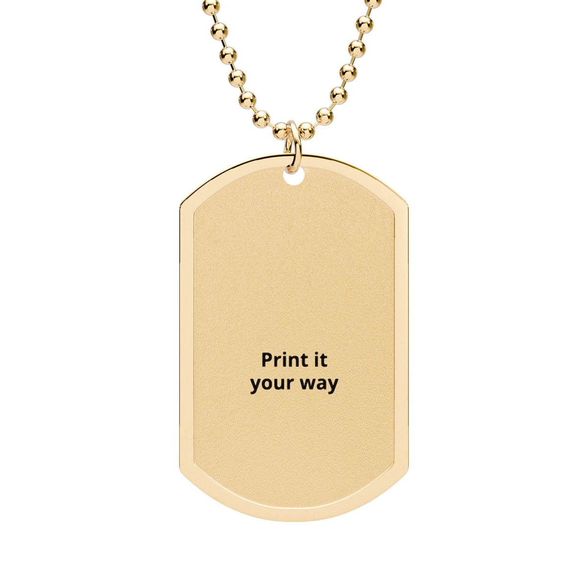 Gold dog tag necklace styled as men's everyday jewelry