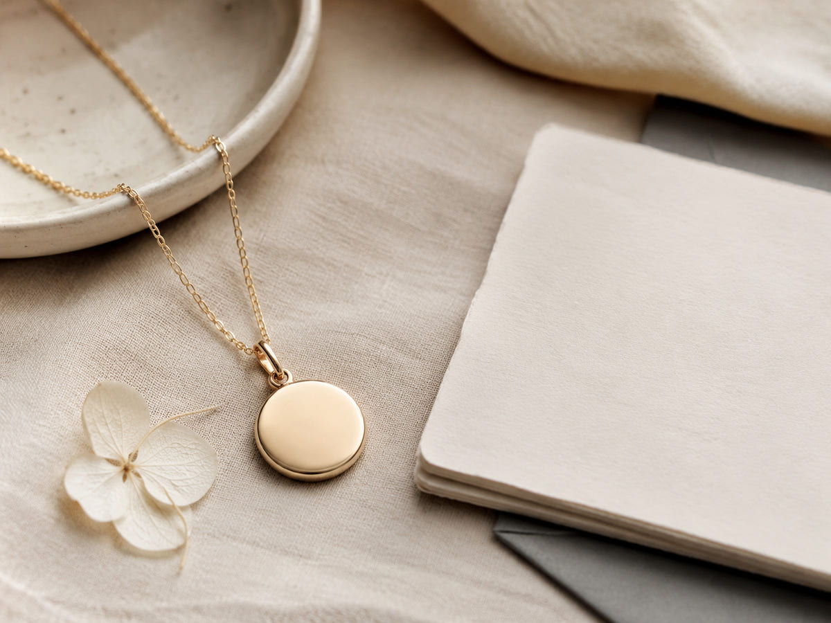 Delicate blank pendant beside a pressed flower and keepsake card
