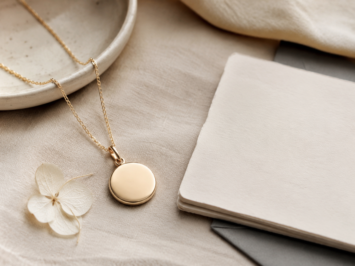 Delicate blank pendant beside a pressed flower and keepsake card