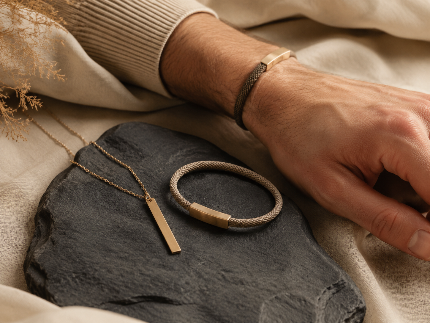 Minimal bar pendant and bracelets styled as personalized jewelry for men