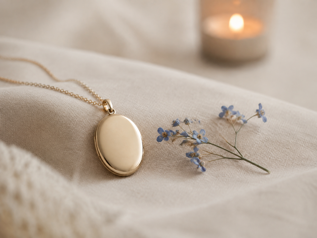 Blank keepsake pendant with blue flowers and a softly glowing candle