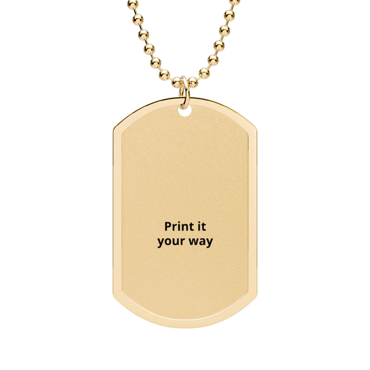 Gold dog tag necklace styled as men's everyday jewelry