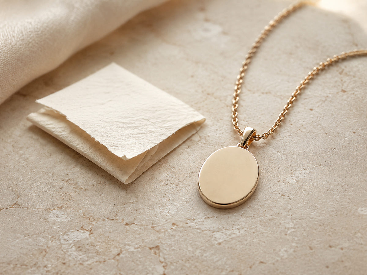 Blank oval pendant beside a folded note for necklace engraving ideas