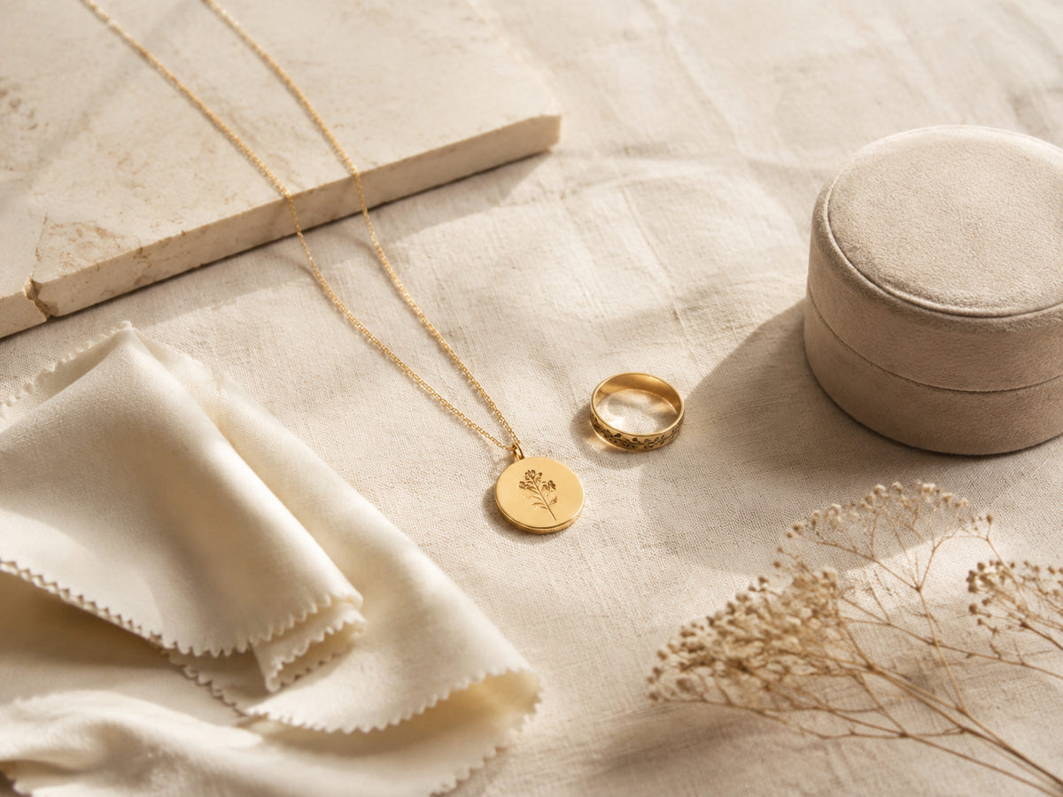 Personalized necklace and ring arranged with a jewelry care cloth and box