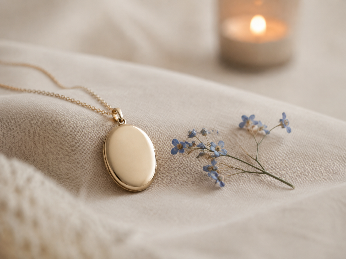 Blank keepsake pendant with blue flowers and a softly glowing candle