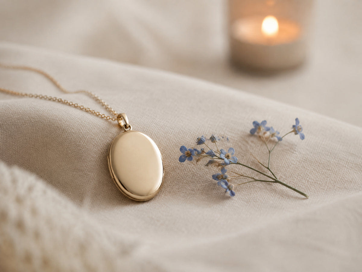 Blank keepsake pendant with blue flowers and a softly glowing candle