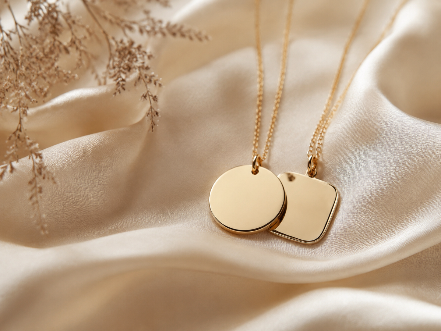 Two complementary blank pendants resting together on ivory fabric