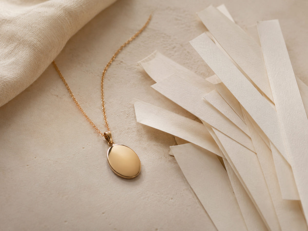 Blank oval pendant beside paper strips representing meaningful short messages
