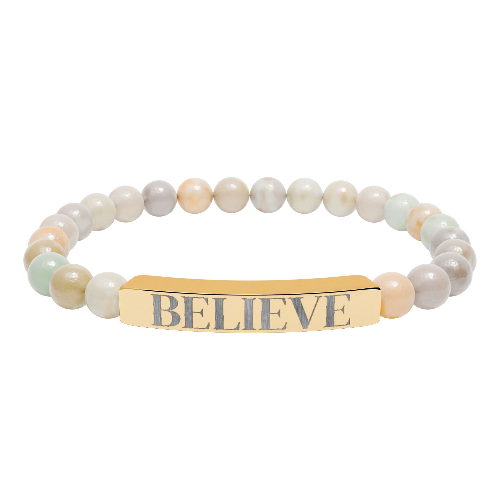 BELIEVE Trust the Journey | Engraved Stretched Beaded Stone Bar Bracelet