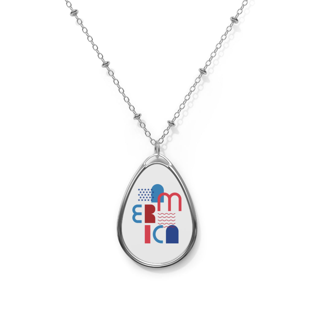 Patriotic Oval Necklace Pendant — Red & Blue America Graphic
