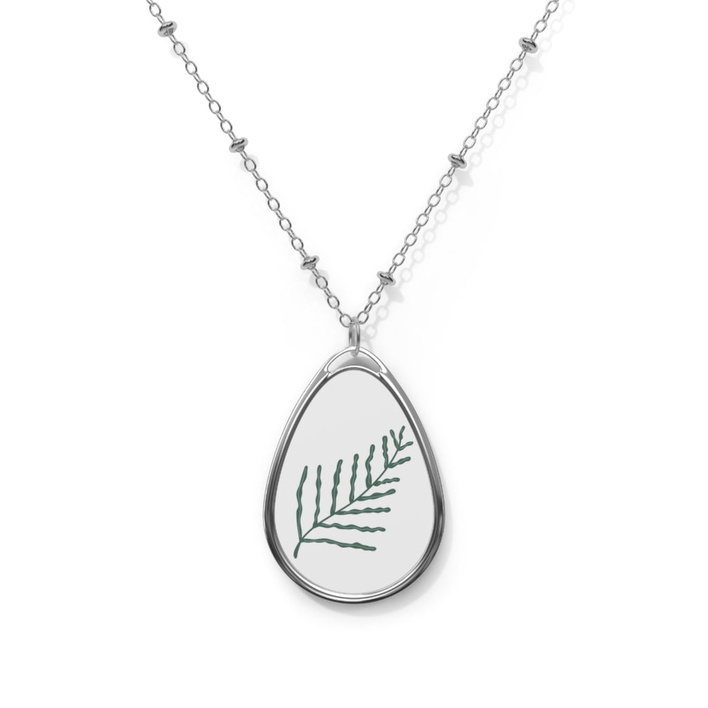 Oval Pendant Necklace with Minimal Fern Illustration — Delicate Nature Jewelry