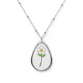 Daisy Oval Necklace — Silver Teardrop Pendant with Cute Flower Illustration