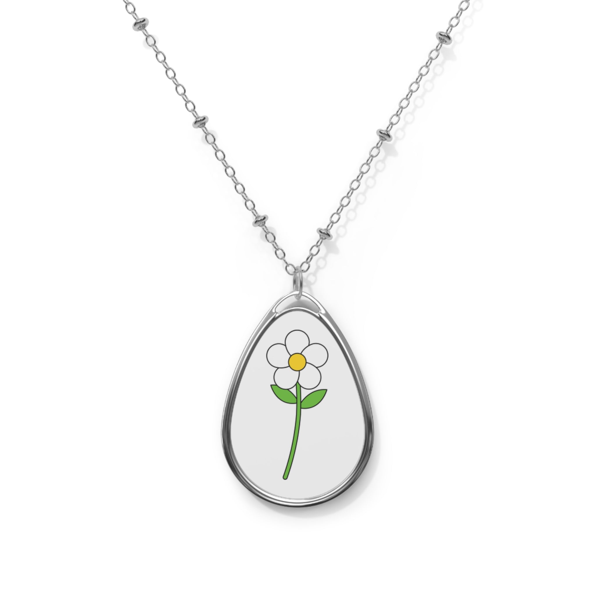 Daisy Oval Necklace — Silver Teardrop Pendant with Cute Flower Illustration