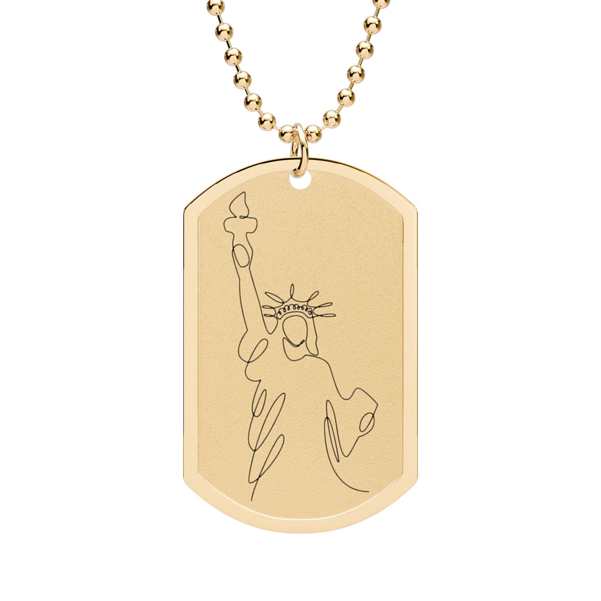 Statue of Liberty Sublimation Dog Tag Necklace — Patriotic Gold or Silver Pendant with 24" Ball Chain