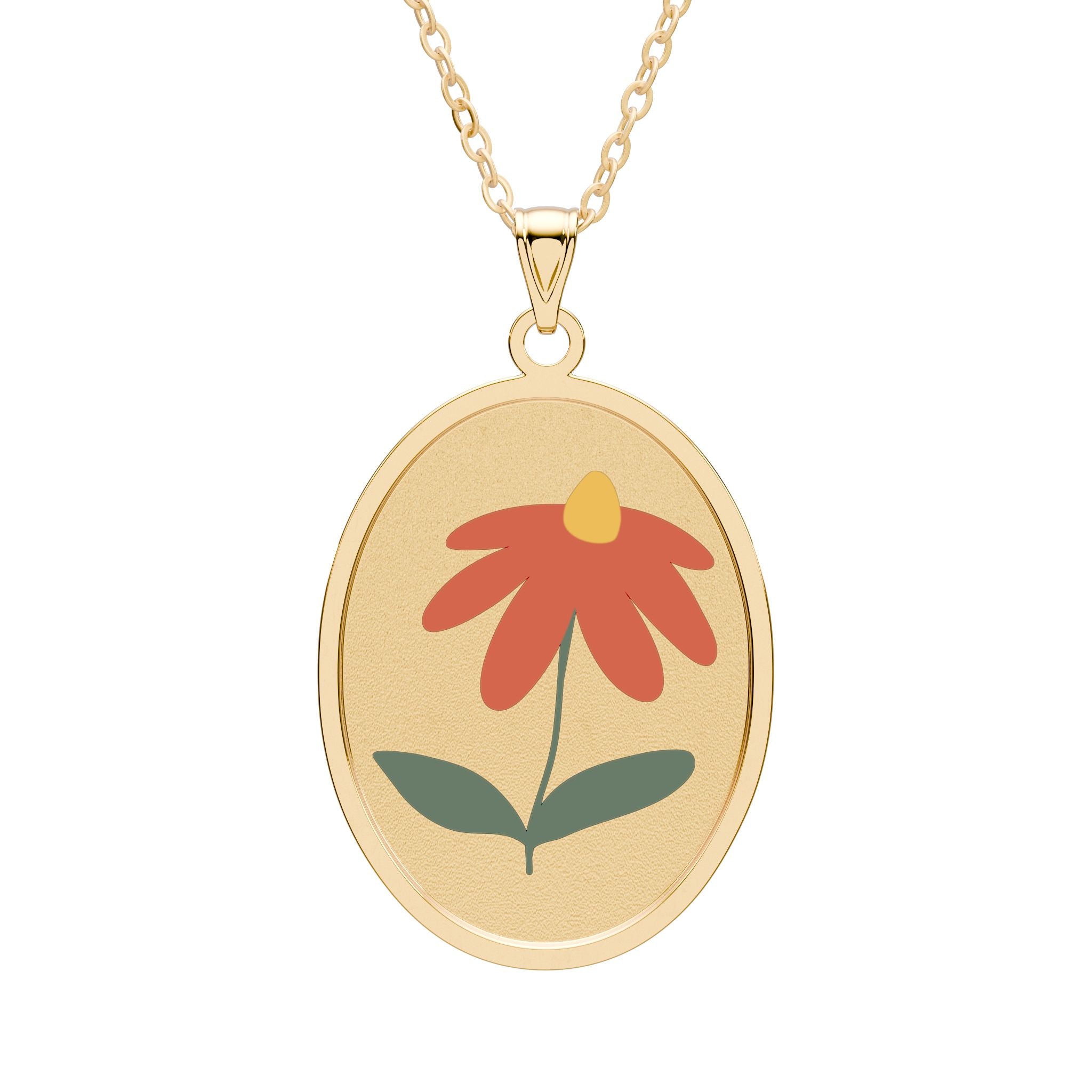 Collier Pendentif Ovale Fleuri — Pendentif Marguerite Émaillée Rouge (Doré ou Argenté)