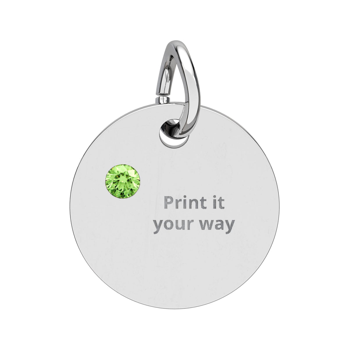 Engravable birthstone circle charm with Peridot stone and stainless steel engraving disc