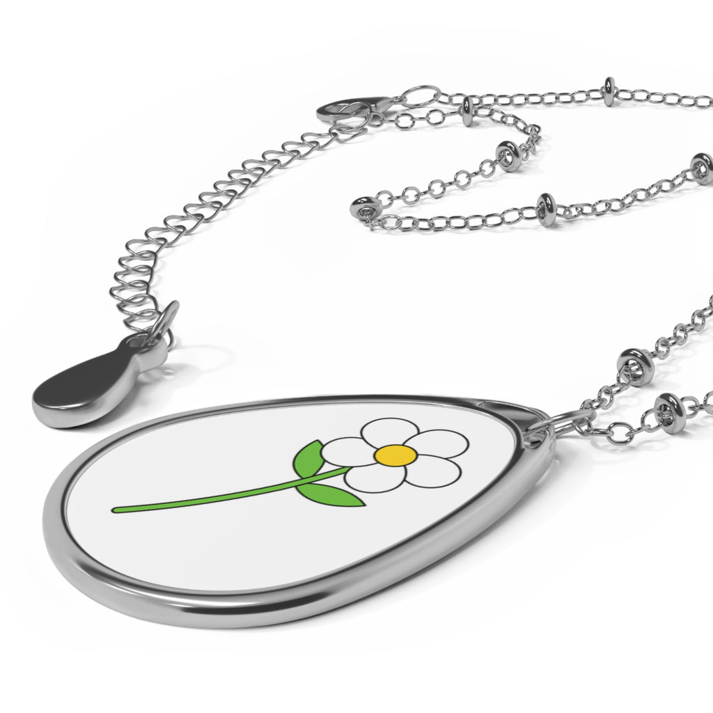 Daisy Oval Necklace — Silver Teardrop Pendant with Cute Flower Illustration