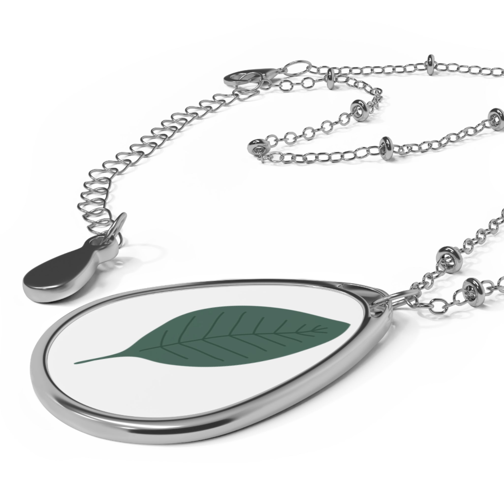 Silver Oval Leaf Pendant Necklace — Minimal Botanical Teardrop Charm