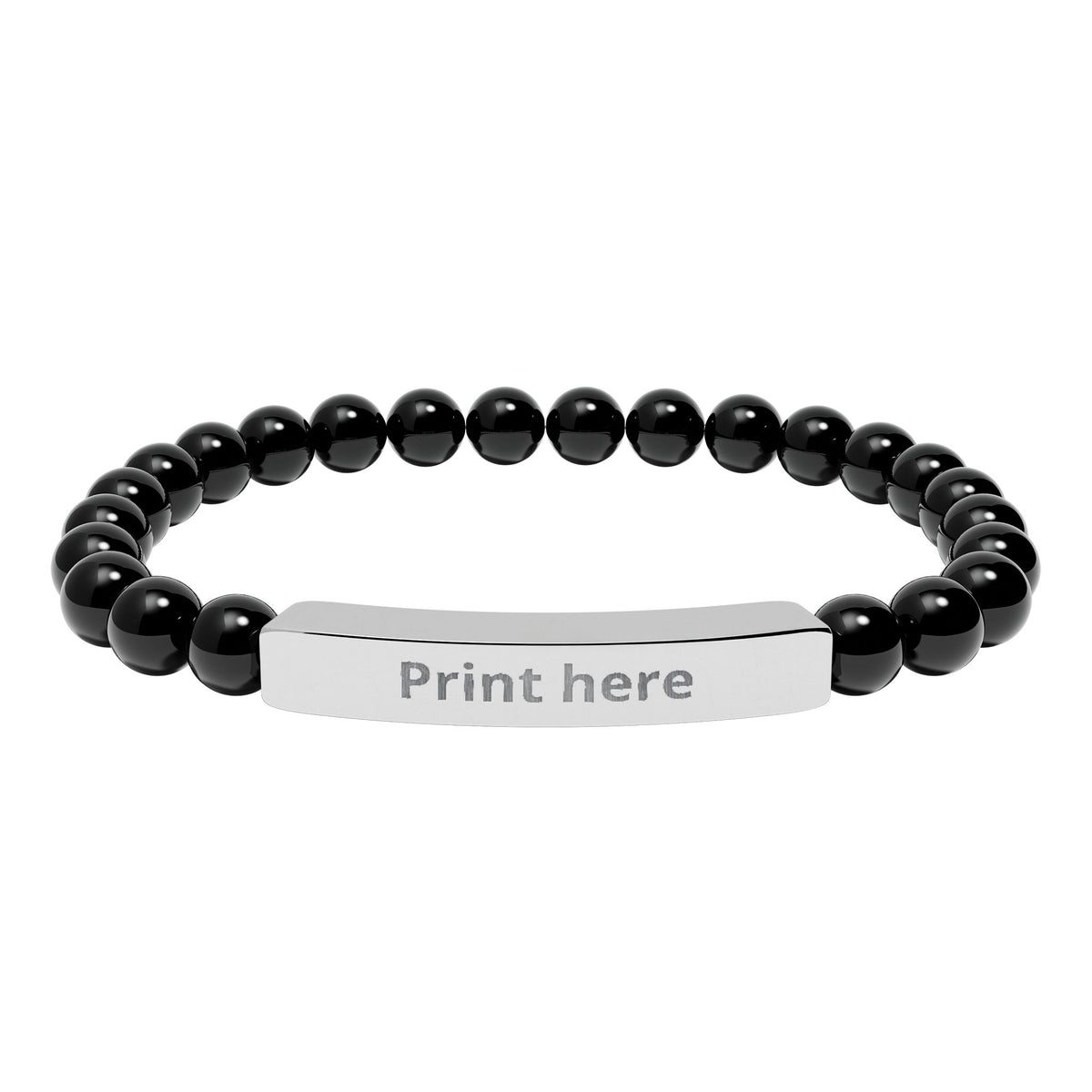 Natural stone bead bracelet showing the engravable metal bar detail