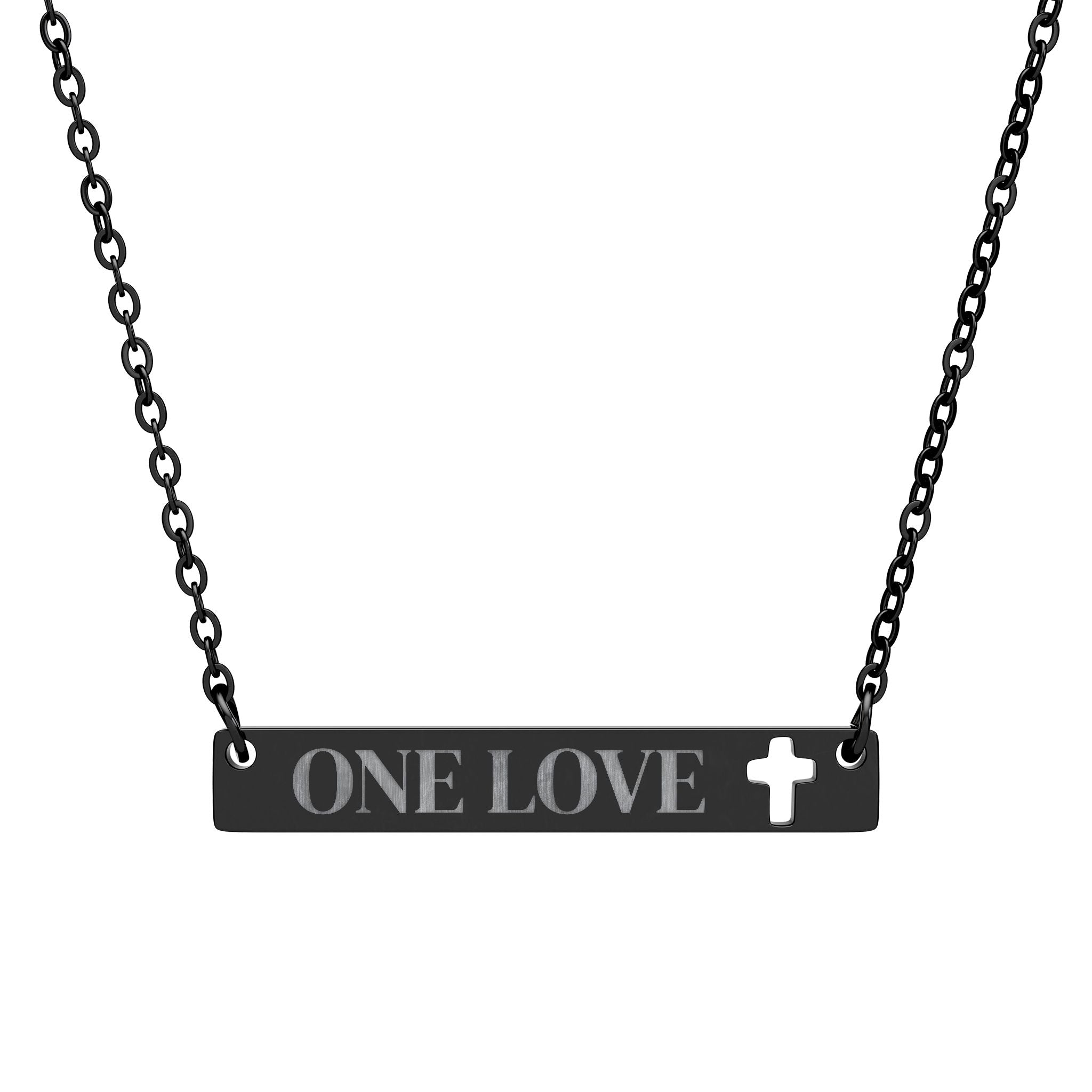 Cutout Cross Bar Necklace – "ONE LOVE" Engraved Religious Pendant