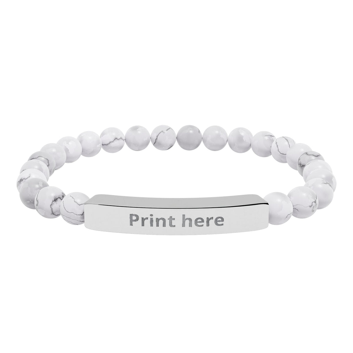 Personalized natural stone bracelet with a polished stainless steel engraving bar