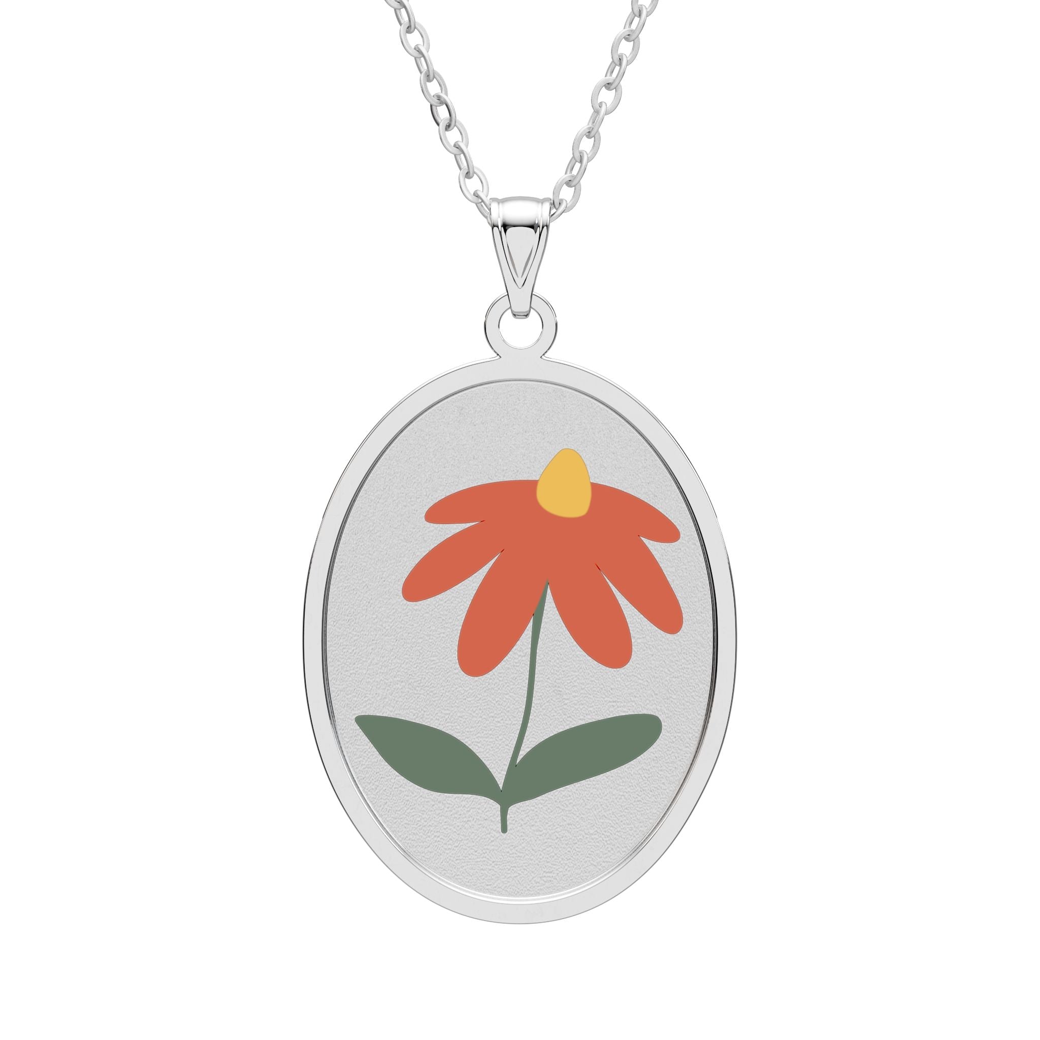 Collier Pendentif Ovale Fleuri — Pendentif Marguerite Émaillée Rouge (Doré ou Argenté)