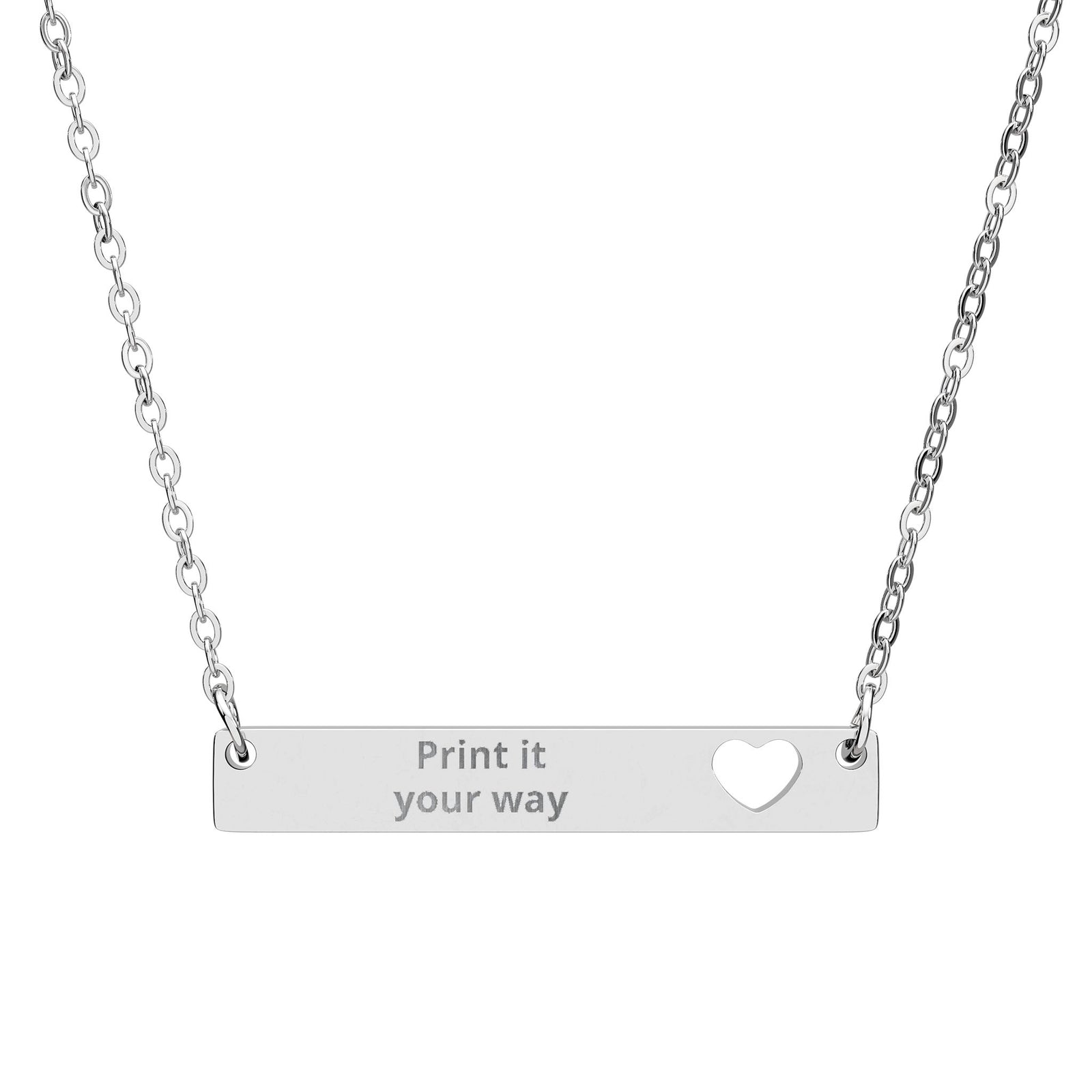 Engravable Cutout Heart Bar Necklace — Personalized Silver Nameplate Jewelry