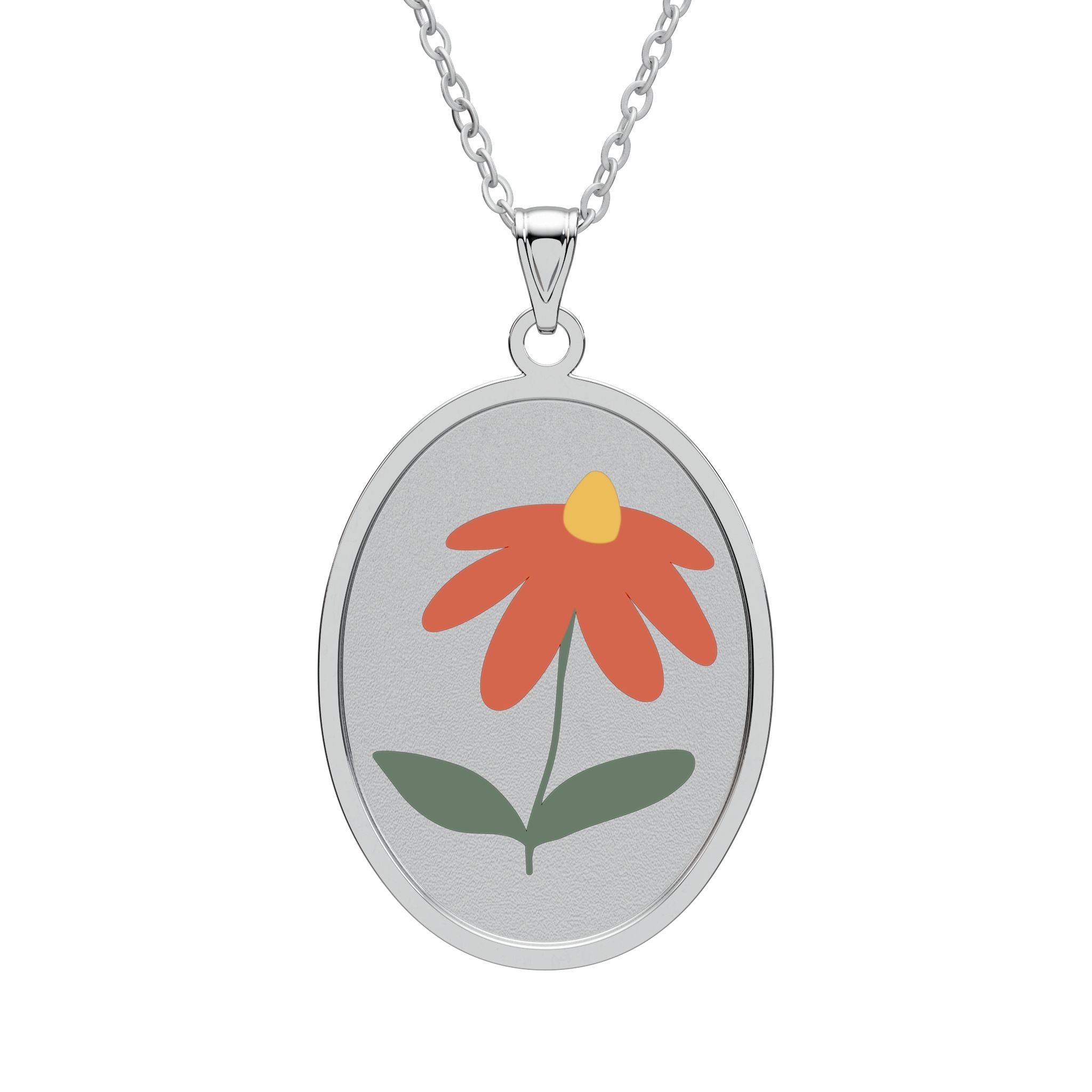 Floral Oval Pendant Necklace — Red Daisy Enamel Pendant (Gold or Silver)