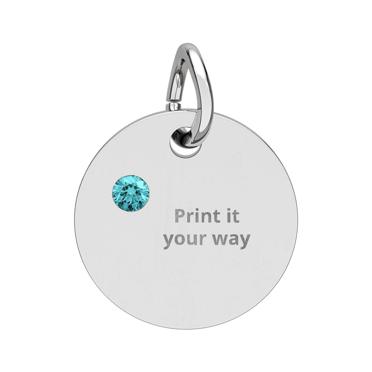 Engravable birthstone circle charm with Blue Zircon stone and stainless steel engraving disc