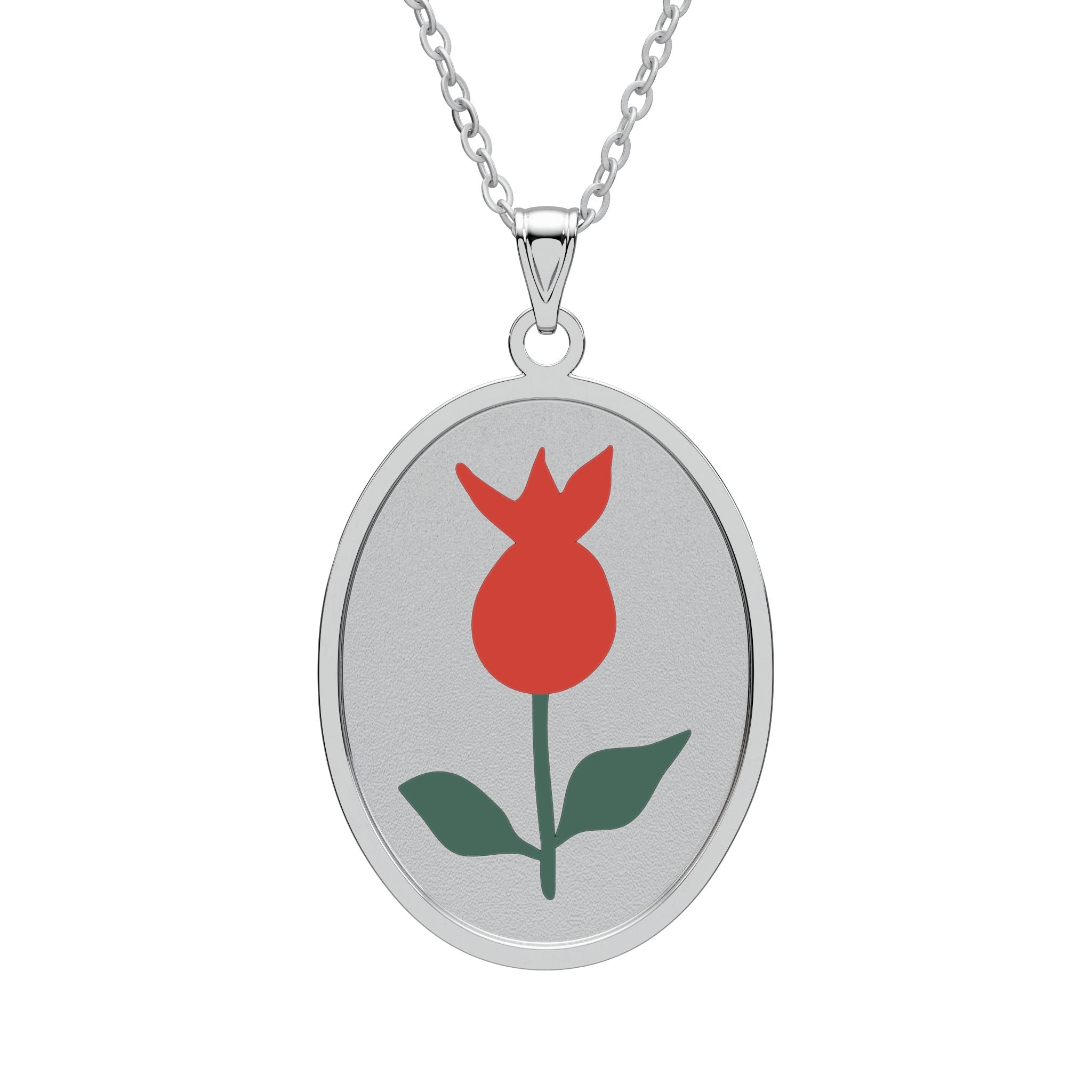 Tulip Oval Pendant Necklace — Red Flower Floral Oval Pendant (Gold or Silver)
