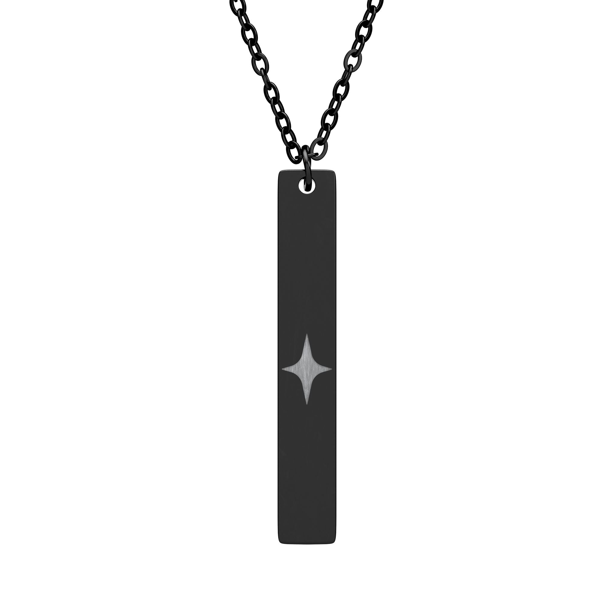 Engraved Vertical Bar Necklace — Starburst Personalized Pendant (Silver or Matte Black)