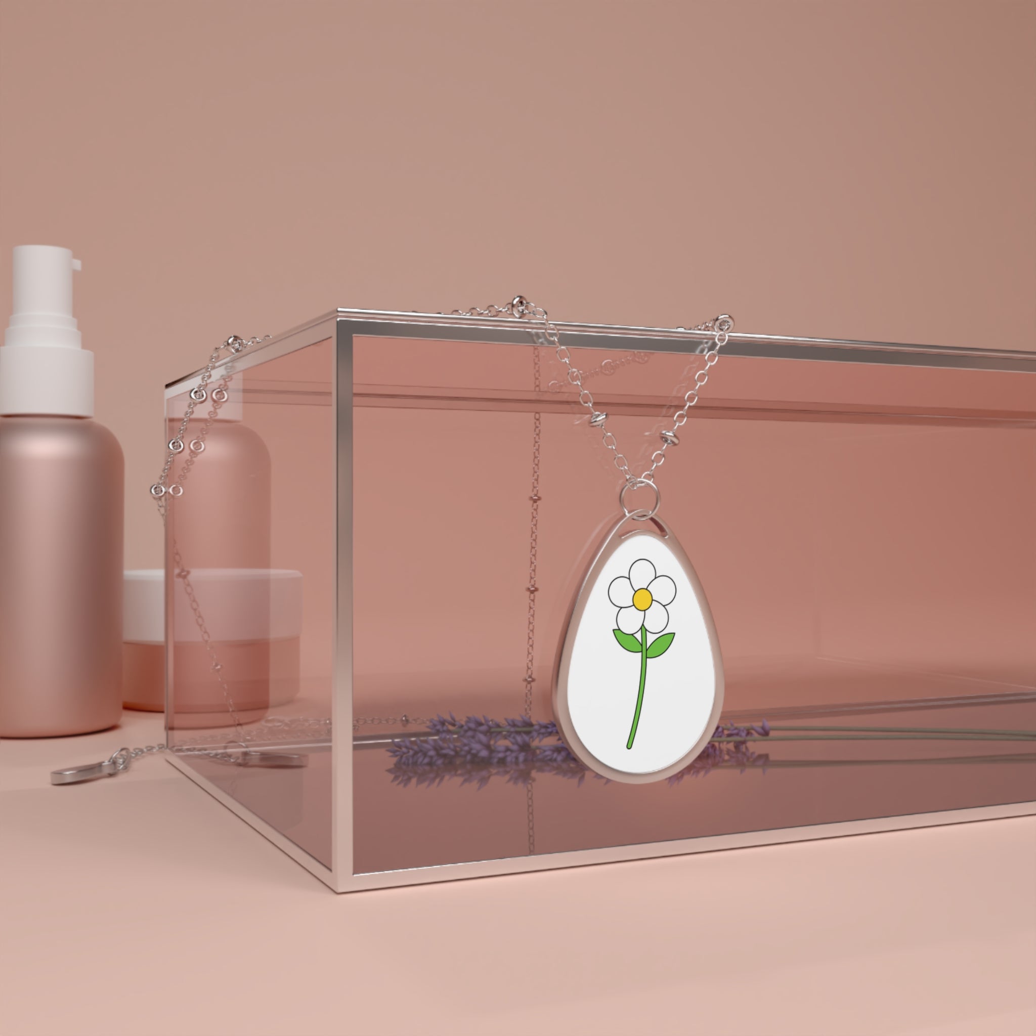 Daisy Oval Necklace — Silver Teardrop Pendant with Cute Flower Illustration