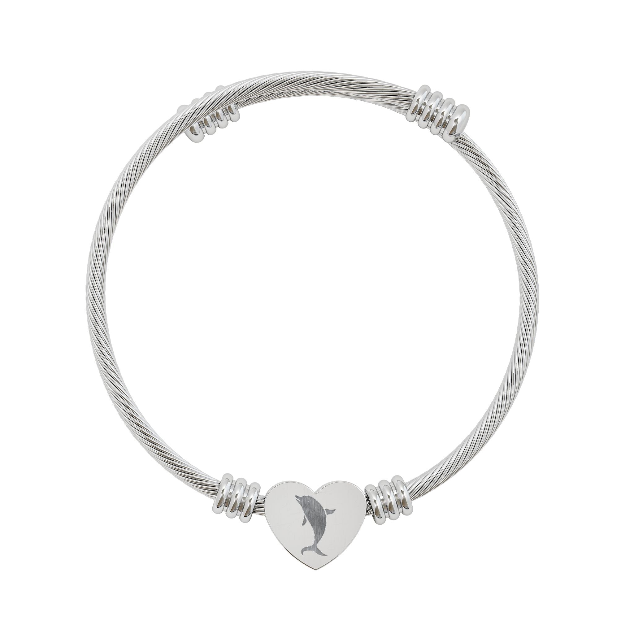 Bracelet jonc cœur à graver – Breloque dauphin personnalisée