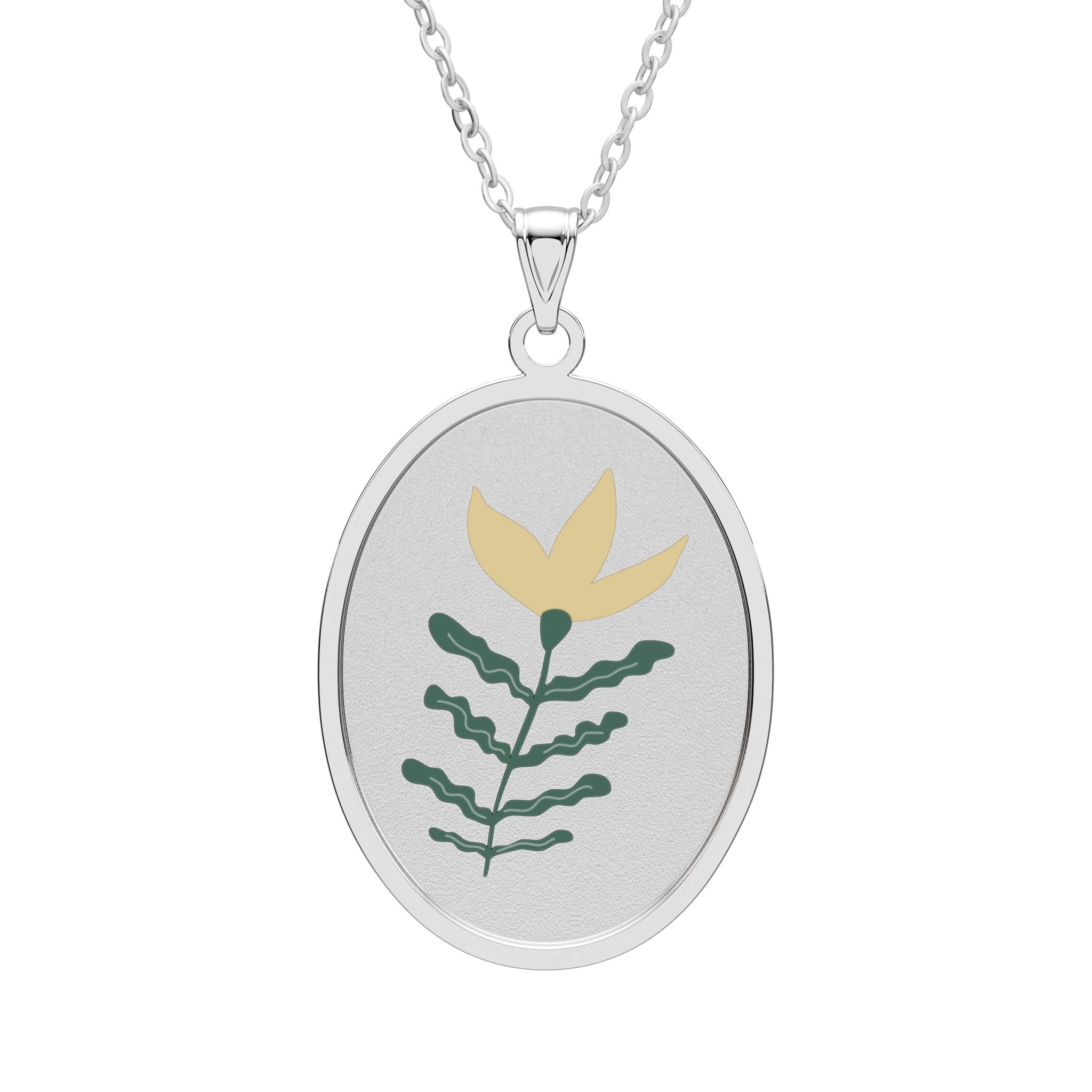 Minimal Floral Oval Pendant Necklace — Yellow Flower Engraved Charm