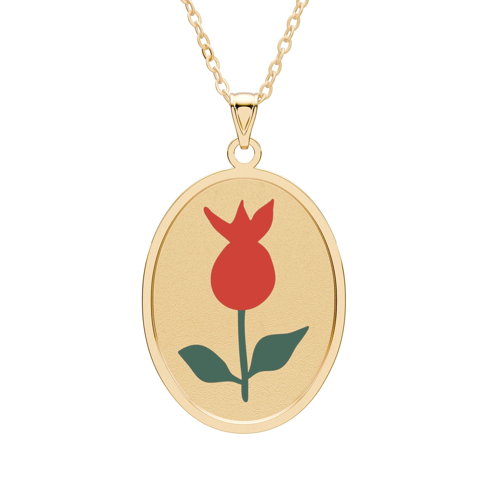Tulip Oval Pendant Necklace — Red Flower Floral Oval Pendant (Gold or Silver)