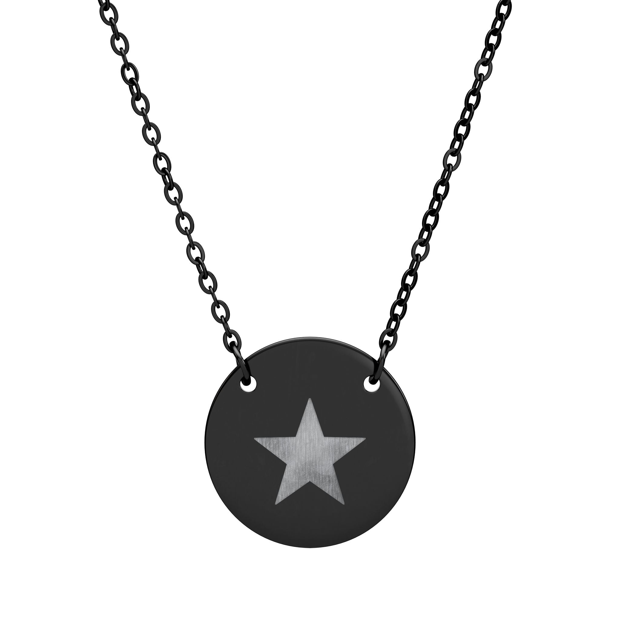 Engraved Star Circle Pendant Necklace — Minimal Personalized 18mm Stainless Steel