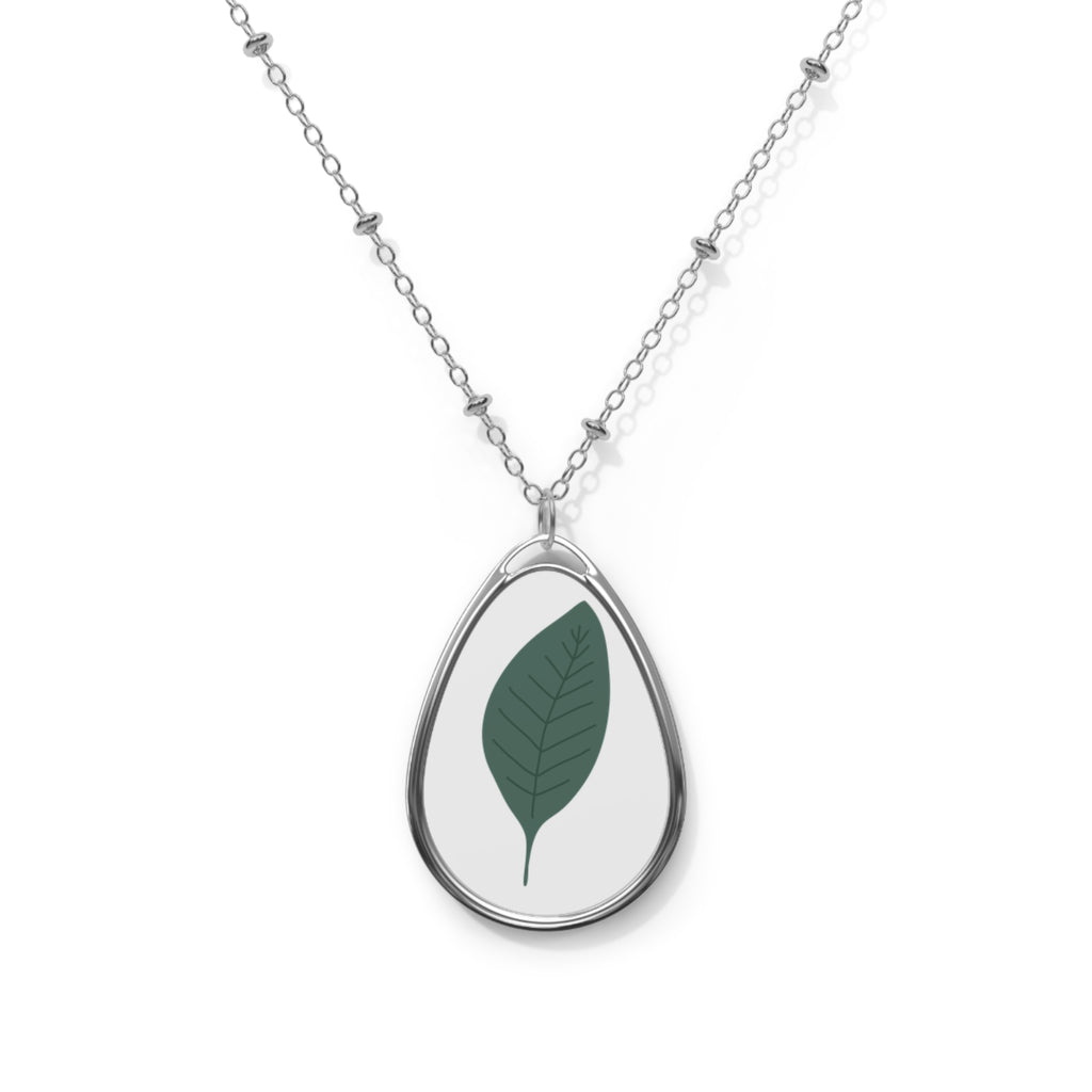 Silver Oval Leaf Pendant Necklace — Minimal Botanical Teardrop Charm