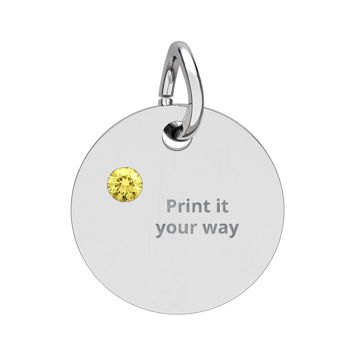 Engravable birthstone circle charm with Topaz stone and stainless steel engraving disc