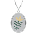 Minimal Floral Oval Pendant Necklace — Yellow Flower Engraved Charm