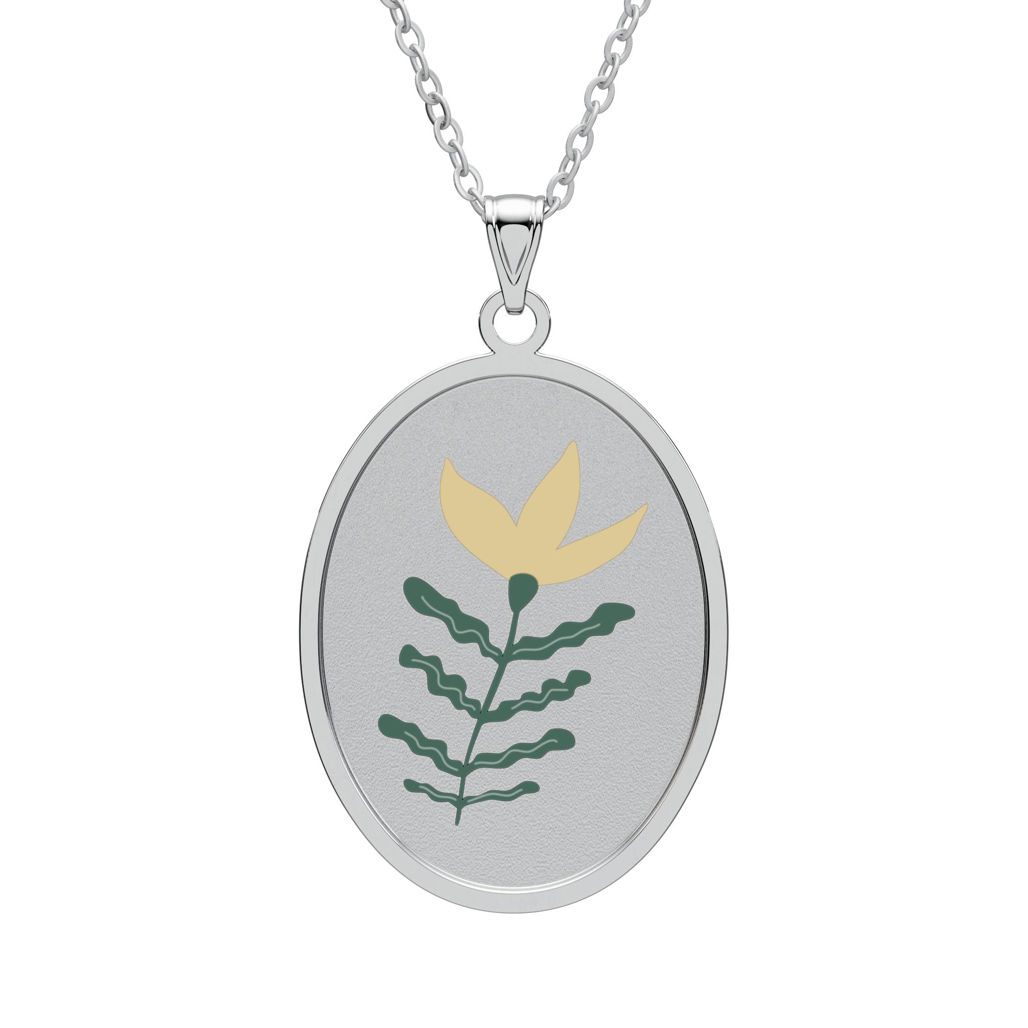 Minimal Floral Oval Pendant Necklace — Yellow Flower Engraved Charm
