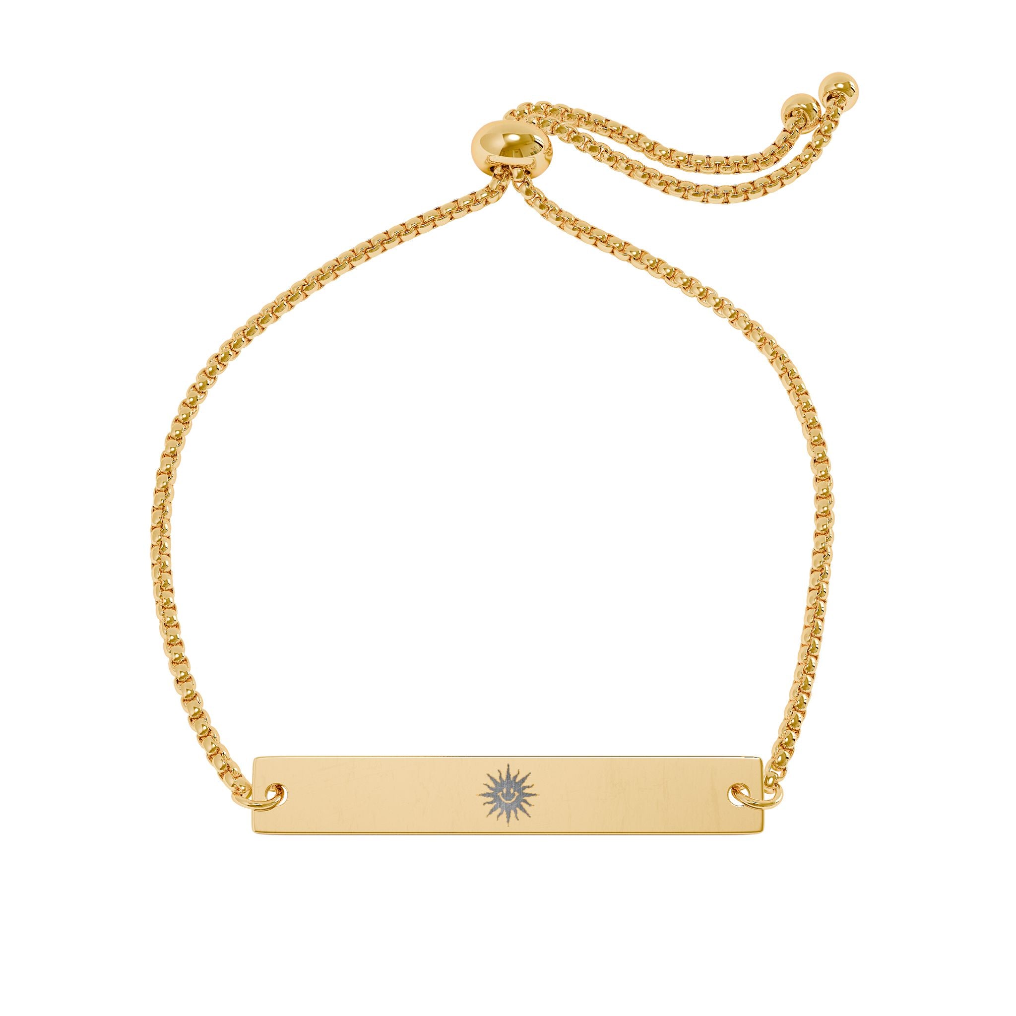 Bracelet barre PVD or 18 carats gravable — Plaque soleil smiley ajustable