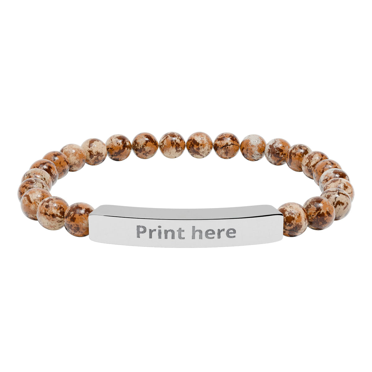 Beaded stretch bracelet with natural stone beads and custom engraving bar