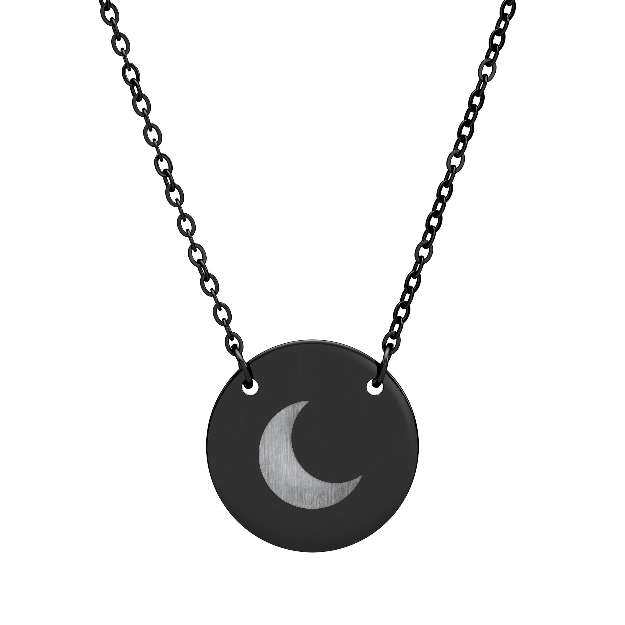 A black disc pendant necklace featuring a brushed silver crescent moon design in the center, suspended from a black link chain against a plain white background.