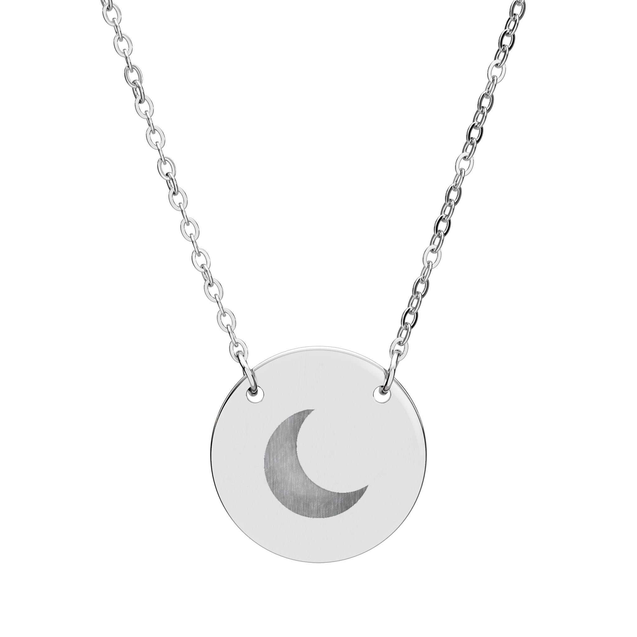 A front view of a sterling silver necklace with a half moon lasered in to the metal piece