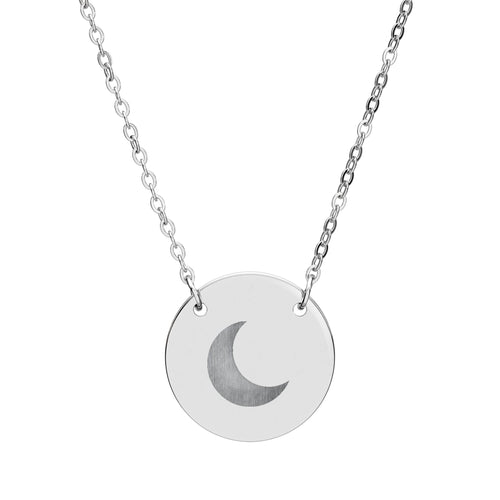 A front view of a sterling silver necklace with a half moon lasered in to the metal piece
