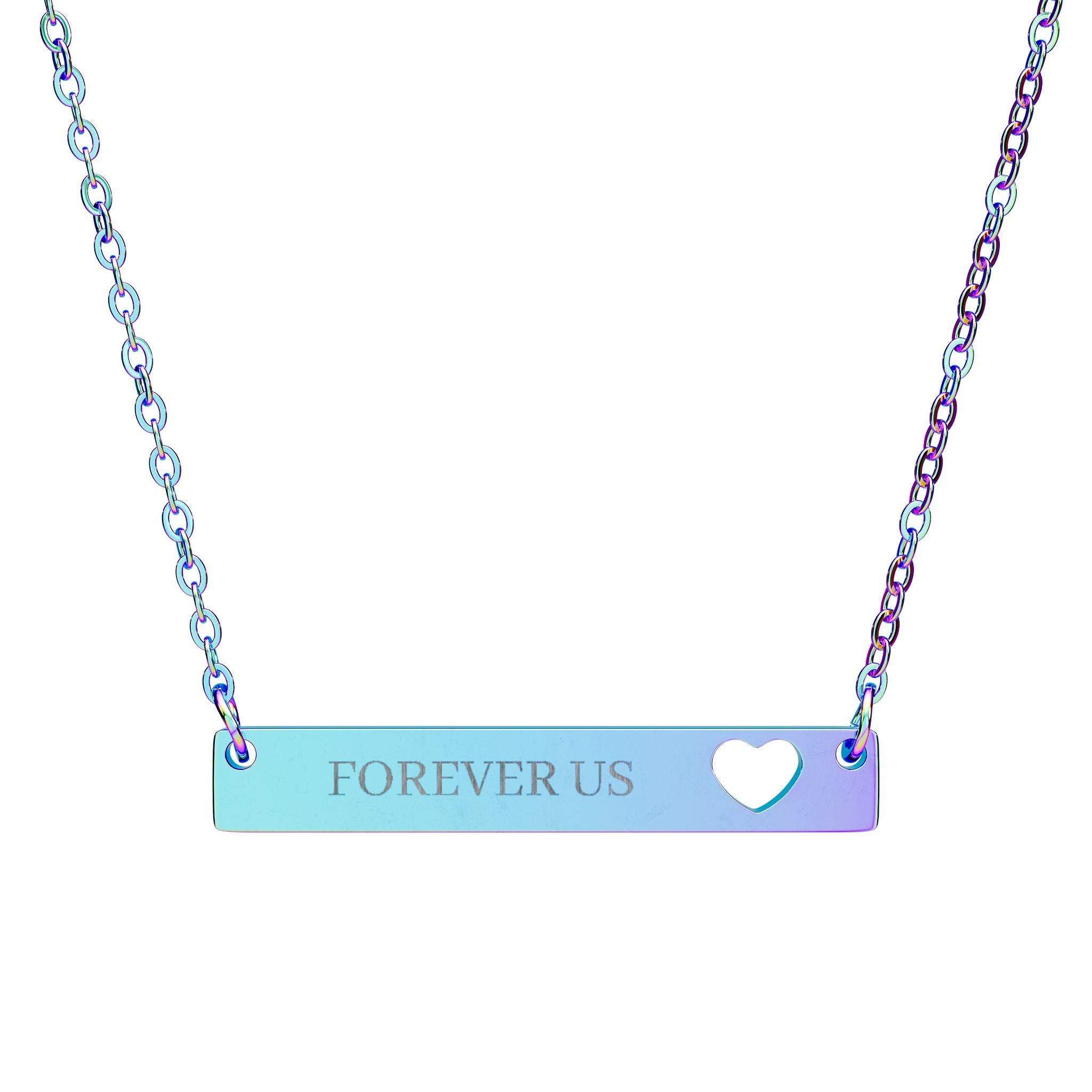 Necklace with 'FOREVER US' and heart design on a gradient blue and purple bar pendant.