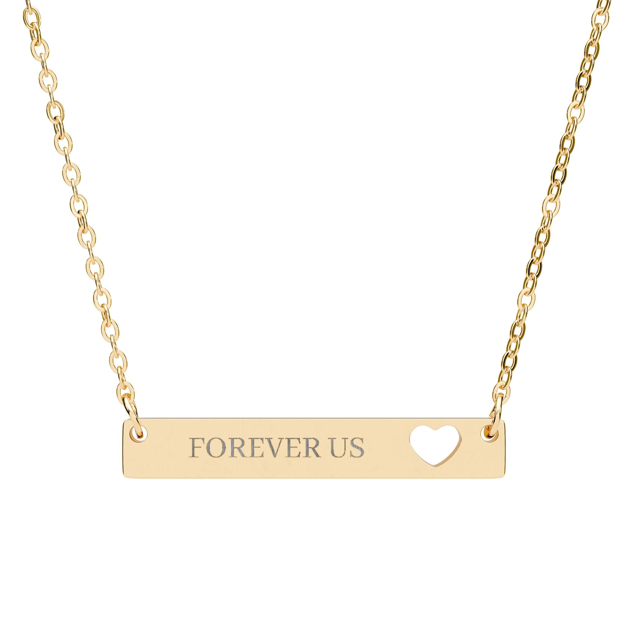 Front view of the engraved stainless steel heart bar necklace with gold outside